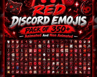 May include: A digital collection of over 350 red-themed Discord emojis featuring animated and non-animated icons. The display includes various character expressions, symbols, and graphic designs in a dark red and black colour scheme with text.