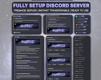 Op de afbeelding: Een digitale weergave van een Discord-serverlay-out met een sterrenstelselthema, voorzien van donkerpaarse en zwarte interface-elementen. De tekst bevat GALAXY THEME, FULLY SETUP DISCORD SERVER, PREMADE SERVER, INSTANT TRANSFERABLE, READY TO USE.