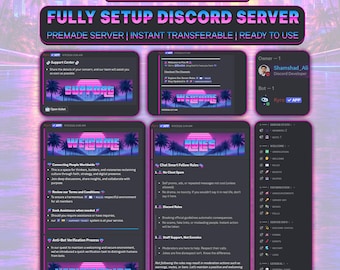 Op de afbeelding: Een digitale weergave van een Five M-thema Discord-serveropstelling met een retro synthwave-esthetiek in neonroze en blauwe gradiënten. De lay-out bevat diverse kanaalinterfaces, welkomstberichten, regels en serverstatistieken.