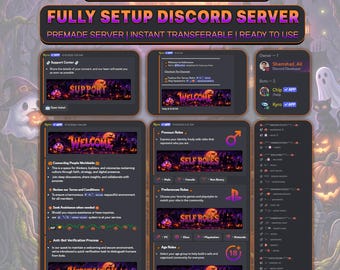 May include: A digital display of a Halloween-themed Discord server layout featuring purple and orange banners with text including HALLOWEEN THEME, FULLY SETUP DISCORD SERVER, SUPPORT, WELCOME, SELF ROLES, and VERIFICATION, alongside channel lists and bot icons.