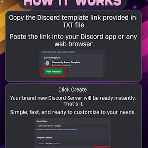 May include: A guide on creating a Discord server from a template. The image shows the steps: copy a link, paste it, and click "Create". Text at the top reads "HOW IT WORKS". The background is a gradient of purple, gold, and black.