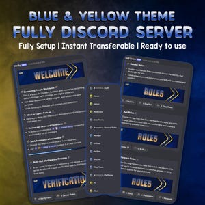 May include: A digital graphic promoting a Discord server with a blue and yellow theme. The text reads "BLUE & YELLOW THEME FULLY DISCORD SERVER." The image showcases server features, including welcome, roles, and verification sections.