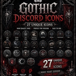 May include: A digital collection of 27 circular Gothic Discord icons featuring dark, ornate designs with skulls, crowns, and mystical symbols. The text reads GOTHIC DISCORD ICONS, 27 UNIQUE ICONS, and 27 UNIQUE GOTHIC ICONS. The aesthetic is dark and detailed.