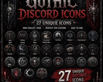 May include: A digital collection of 27 circular Gothic Discord icons featuring dark, ornate designs with skulls, crowns, and mystical symbols. The text reads GOTHIC DISCORD ICONS, 27 UNIQUE ICONS, and 27 UNIQUE GOTHIC ICONS. The aesthetic is dark and detailed.
