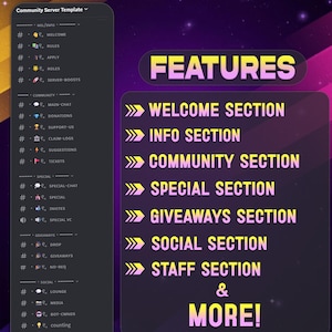 May include: A digital graphic displaying a Discord server template. The design uses a dark theme with purple and yellow accents. Text highlights server sections such as Welcome, Info, Community, Special, Giveaways, Social, and Staff.