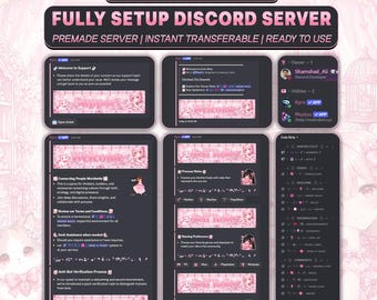 May include: A digital display of a Discord server layout featuring a pink theme with anime-style graphics. The text reads CUTE GIRLY THEME, FULLY SETUP DISCORD SERVER, PREMADE SERVER, INSTANT TRANSFERABLE, and READY TO USE across various panels.