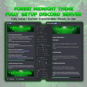 May include: A digital graphic promoting a Discord server with a forest midnight theme. The image displays two screens with server information, including rules, welcome messages, and verification processes. The text is in green.