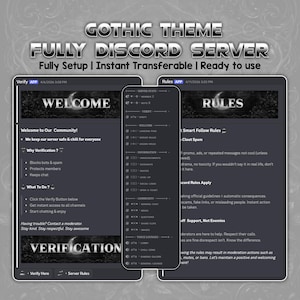 May include: A digital graphic promoting a Gothic-themed Discord server. The image displays a dark interface with text that reads "Gothic Theme Fully Discord Server." It includes server rules and welcome information.
