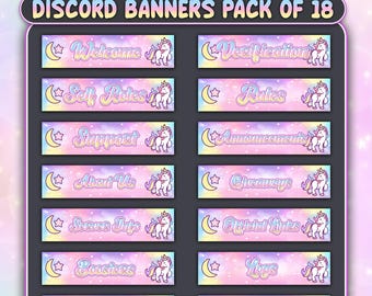 May include: A set of 18 rectangular Discord banners featuring a pastel unicorn theme. Each banner displays a crescent moon, a star, and a unicorn graphic against a gradient background with text including Welcome, Rules, and Announcements.