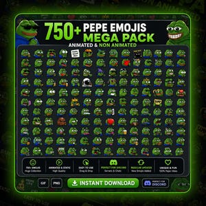 Puede incluir: Una colección digital titulada 750+ PEPE EMOJIS MEGA PACK que presenta una cuadrícula de numerosos iconos de personajes de rana verde con diversas expresiones y atuendos, incluyendo versiones animadas y no animadas, con un botón de descarga.