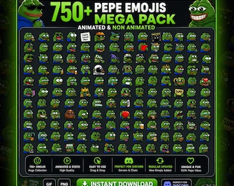 May include: A digital collection titled 750+ PEPE EMOJIS MEGA PACK featuring a grid of numerous green frog character icons in various expressions and outfits, including animated and non-animated versions, with an instant download button.