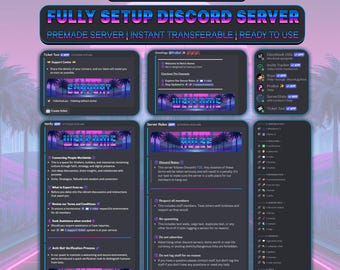 May include: A digital display of a FiveM theme Discord server layout featuring a dark purple and blue neon aesthetic. The interface includes sections for support, welcome messages, server rules, and a channel list with various bot integrations.