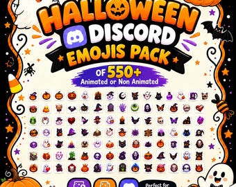 May include: A digital Halloween Discord emojis pack featuring over 550 animated and non-animated icons. The graphic displays various spooky characters like ghosts, pumpkins, bats, and skulls, with the text HALLOWEEN DISCORD EMOJIS PACK OF 550+.