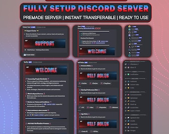 May include: A digital display of a premade Discord server template with a red and blue theme. The layout includes various channels for support, welcome messages, self-roles, and server statistics, featuring text headers like SUPPORT, WELCOME, and VERIFICATION.