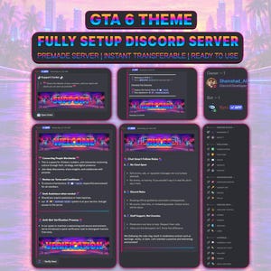 May include: A digital display showcasing a GTA 6 themed Discord server setup. The interface features neon-style headers for support, welcome, rules, and verification channels, alongside a member list and server statistics on a dark background.