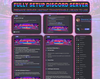 May include: A digital display showcasing a GTA 6 themed Discord server setup. The interface features neon-style headers for support, welcome, rules, and verification channels, alongside a member list and server statistics on a dark background.