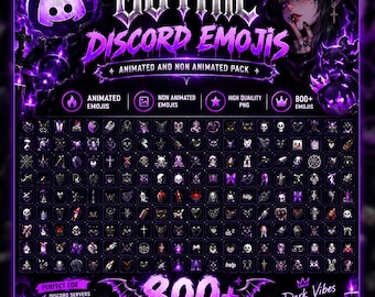 May include: A digital collection of over 800 Gothic Discord emojis featuring animated and non-animated designs in purple and black. The graphic displays the text GOTHIC DISCORD EMOJIS, 800+ EMOJIS, and includes various icons like skulls, crosses, and hearts.