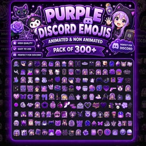 Könnte beinhalten: Eine digitale Sammlung von über 300 lila Discord-Emojis, die animierte und nicht animierte Symbole enthält. Die Anzeige zeigt verschiedene Charaktere, Symbole und Objekte in Violetttönen mit dem Text PURPLE DISCORD EMOJIS.