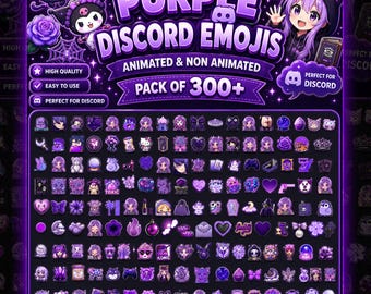 May include: A digital collection of over 300 purple-themed Discord emojis, featuring animated and non-animated icons. The display includes various characters, symbols, and objects in shades of violet, with text reading PURPLE DISCORD EMOJIS.