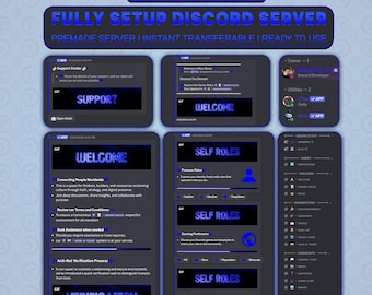 May include: A digital display of a fully setup Discord server with a blue theme. The interface includes sections for support, welcome messages, self-roles, and server statistics. Text elements include "BLUE THEME," "FULLY SETUP DISCORD SERVER," and various channel labels like "SUPPORT," "WELCOME," "SELF ROLES," and "VERIFICATION."