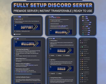 May include: A digital display of a blue and yellow themed Discord server layout. The image features text headers including BLUE YELLOW THEME and FULLY SETUP DISCORD SERVER, alongside various channel interfaces, welcome messages, and role selection menus.