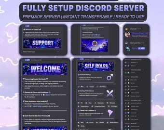 May include: A digital display of a Roblox-themed Discord server setup featuring multiple interface panels. Text includes ROBLOX THEME, FULLY SETUP DISCORD SERVER, PREMADE SERVER, INSTANT TRANSFERABLE, READY TO USE, WELCOME, SUPPORT, SELF ROLES, and VERIFICATION.