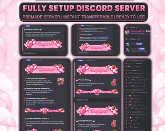 May include: A digital display of a Strawberry Heart theme Discord server setup. The interface features pink banners with heart and strawberry graphics, text headers like Welcome, Self Roles, and Support, and a sidebar with channel lists.