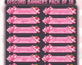 May include: A pack of 18 digital Discord banners featuring a strawberry heart theme. Each pink rectangular banner is decorated with hearts, white wings, bows, and strawberries. The text includes Donations, Rules, Announcements, Giveaways, Official Links, Logs, Events, Verification, Support, About Us, Server Info, Boosters, Partners, and FAQ.