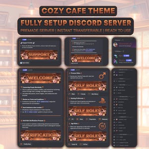 May include: A digital display of a fully setup Discord server with a cozy cafe theme. The interface features dark panels with brown text headers including Support, Welcome, Self Roles, and Server Stats, showcasing various channel layouts.