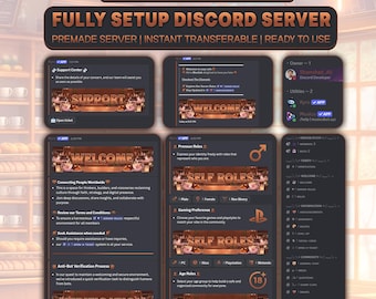 May include: A digital display of a fully setup Discord server with a cosy cafe theme. The interface features dark panels with brown text headers including Support, Welcome, Self Roles, and Server Stats, showcasing various channel layouts.