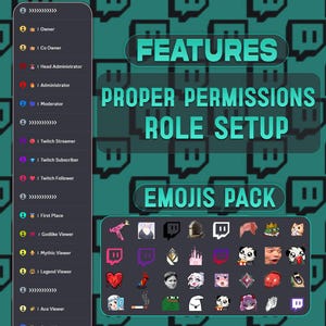 May include: A teal graphic with the words "FEATURES", "PROPER PERMISSIONS", "ROLE SETUP", and "EMOJIS PACK". It also includes a list of roles and a collection of emojis.