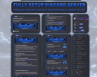 May include: A digital display of a Discord server template featuring a midnight blue theme. The layout includes various interface panels with text headers like Support Center, Welcome, Self Roles, and server statistics, all styled with consistent blue graphics.