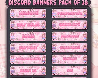 May include: A digital pack of 18 Discord banners featuring a pink study theme with floral accents, books, and pens. The banners include text labels such as Welcome, Verification, Self Roles, Server Info, Rules, Donations, Support, Color Roles, Announcements, Contact, About Us, FAQ, Giveaways, and Events.