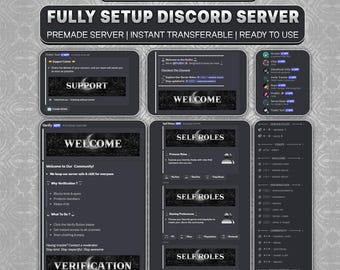 May include: A digital display of a Discord server template with a gothic theme. The interface features dark grey panels, text headers including GOTHIC THEME, FULLY SETUP DISCORD SERVER, WELCOME, SUPPORT, and SELF ROLES, alongside various channel lists.