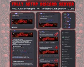 May include: A digital display of a premade Discord server template with a horror theme. The interface features dark gray backgrounds, red text, and skull motifs. Text includes HORROR THEME, FULLY SETUP DISCORD SERVER, PREMADE SERVER, INSTANT TRANSFERABLE, and READY TO USE.
