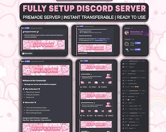 May include: A digital display of a pre-configured Discord server template featuring a cat theme. The interface includes pink banners with cartoon cats and text labels like Support, Welcome, Self Roles, and Verification across multiple dark-mode panels.