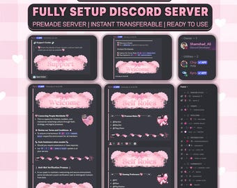 May include: A digital display of a pastel-themed Discord server layout featuring dark grey backgrounds with pink decorative banners. Text includes "PASTEL THEME," "FULLY SETUP DISCORD SERVER," "Support," "Welcome," "Self Roles," and "Verification."