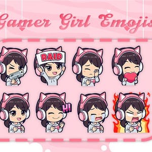 Gamer Girl Emojis Pack of 8 | Cute Twitch & Discord Emotes | Kawaii Streamer Emoji Set | Pink Gamer Emotes PNG | Instant Download