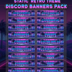 Puede incluir: Un paquete gráfico digital con un tema retro para banners de Discord. El diseño incluye texto como "Bienvenida", "Reglas" y "Acerca de nosotros", sobre un fondo de palmeras y una combinación de colores neón azul, morado y rosa.