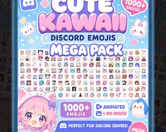 May include: A digital graphic display for a Discord emoji mega pack featuring the text CUTE KAWAII DISCORD EMOJIS MEGA PACK and 1000+ EMOJIS. The image includes a grid of numerous small character icons, a pink-haired anime character, and a blue penguin.