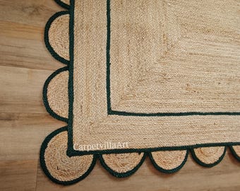Handmade Scalloped Jute Area Rug, Natural Fiber, Boho Decor
