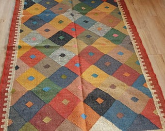 Handwoven Wool Jute Kilim Rug, Traditional Indian Design, Custom Size
