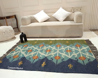 Blue & Green Tribal Kilim Rug, Handwoven Wool Flatweave tradtional vintage indian dhurrie