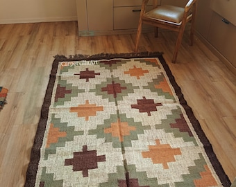 Handwoven Wool Jute Kilim Rug, Traditional Indian Area Rug