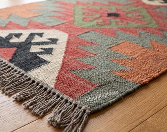 Handmade Navajo Kilim Rug, Aztec Rug, Accent Rug, Outdoor Rug/Indoor Rug, Living/Dinning Room 8x10 Ft. Wool Jute Kilim Rug, Indian Rug