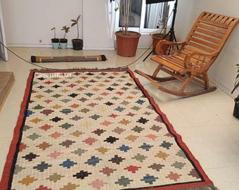 Handwoven Wool Jute Kilim Rug, Southwestern Bohemian Decor