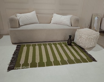 Handmade Wool Jute Kilim Rug, Green Bohemian Indian Rug