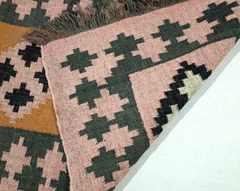 Handwoven Geometric Indian Kilim rug for Kitchen, Bedside, Hallway, Entry, Custom