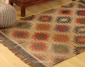 Handwoven Wool Jute Kilim Rug, Geometric Boho Area Carpet, Natural Fiber Decor
