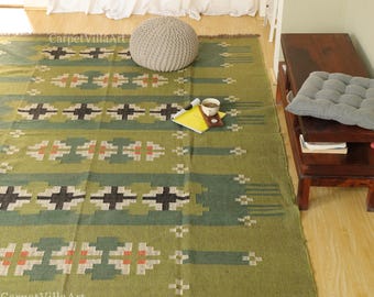 Handwoven Wool Jute Kilim Rug: Green, Black, White, Custom Size